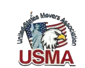 The logo for the united states movers association shows an eagle holding an american flag.