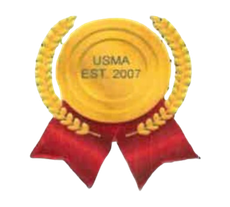 A gold medal with a red ribbon and laurel wreath.