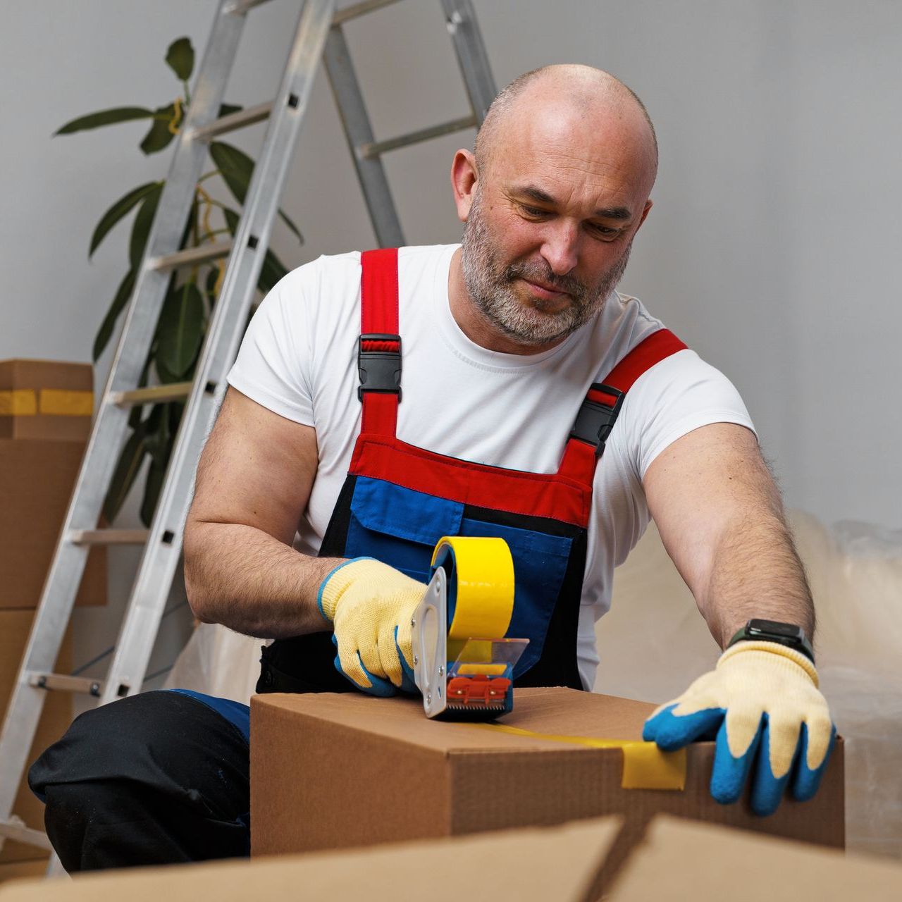 A man is taping a box with yellow tape