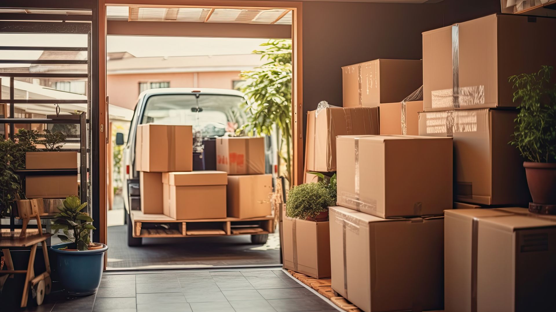 A van is parked in a garage filled with cardboard boxes.