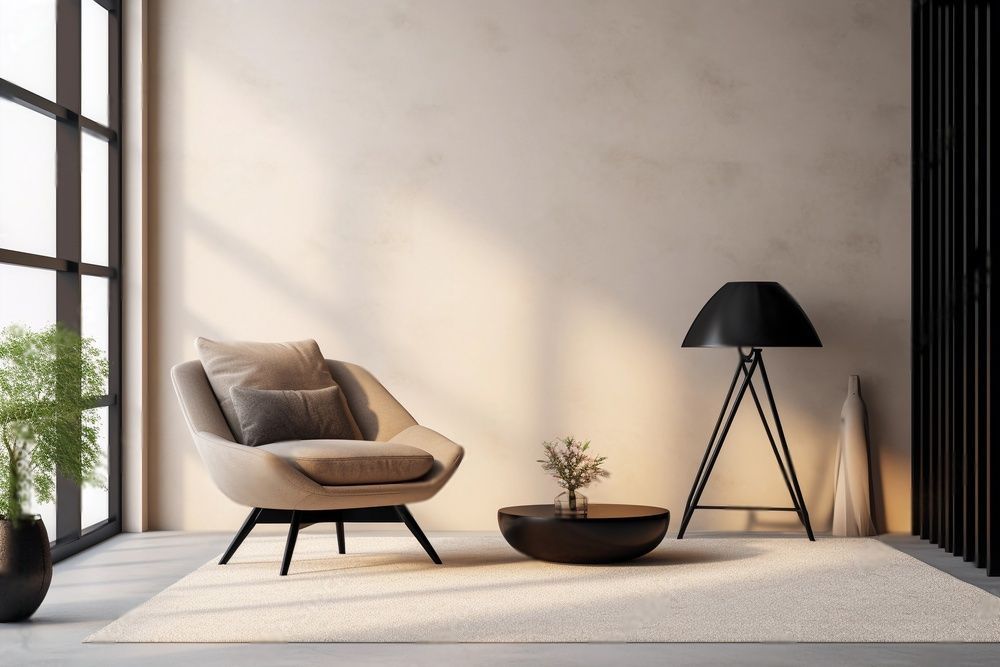 Een woonkamer met een stoel, tafel en lamp.