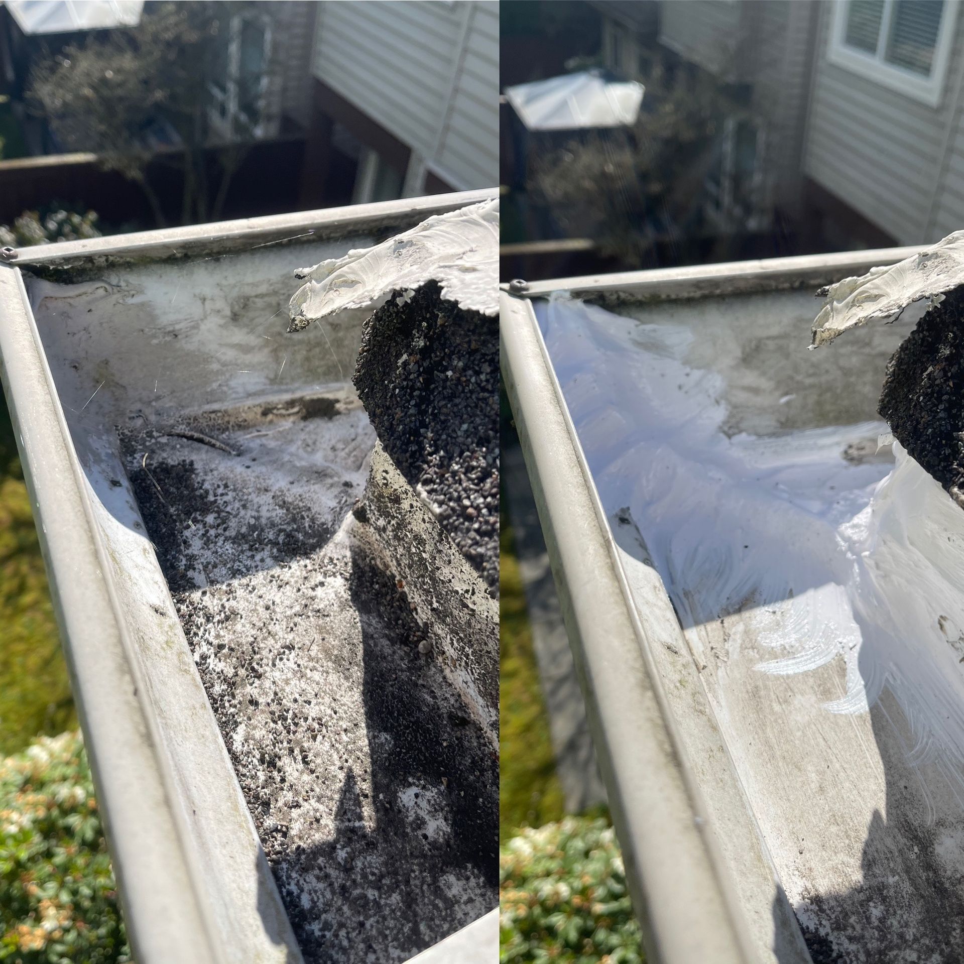 A before and after picture of a gutter being cleaned.