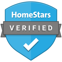 A blue shield with a check mark on it that says homestars verified.