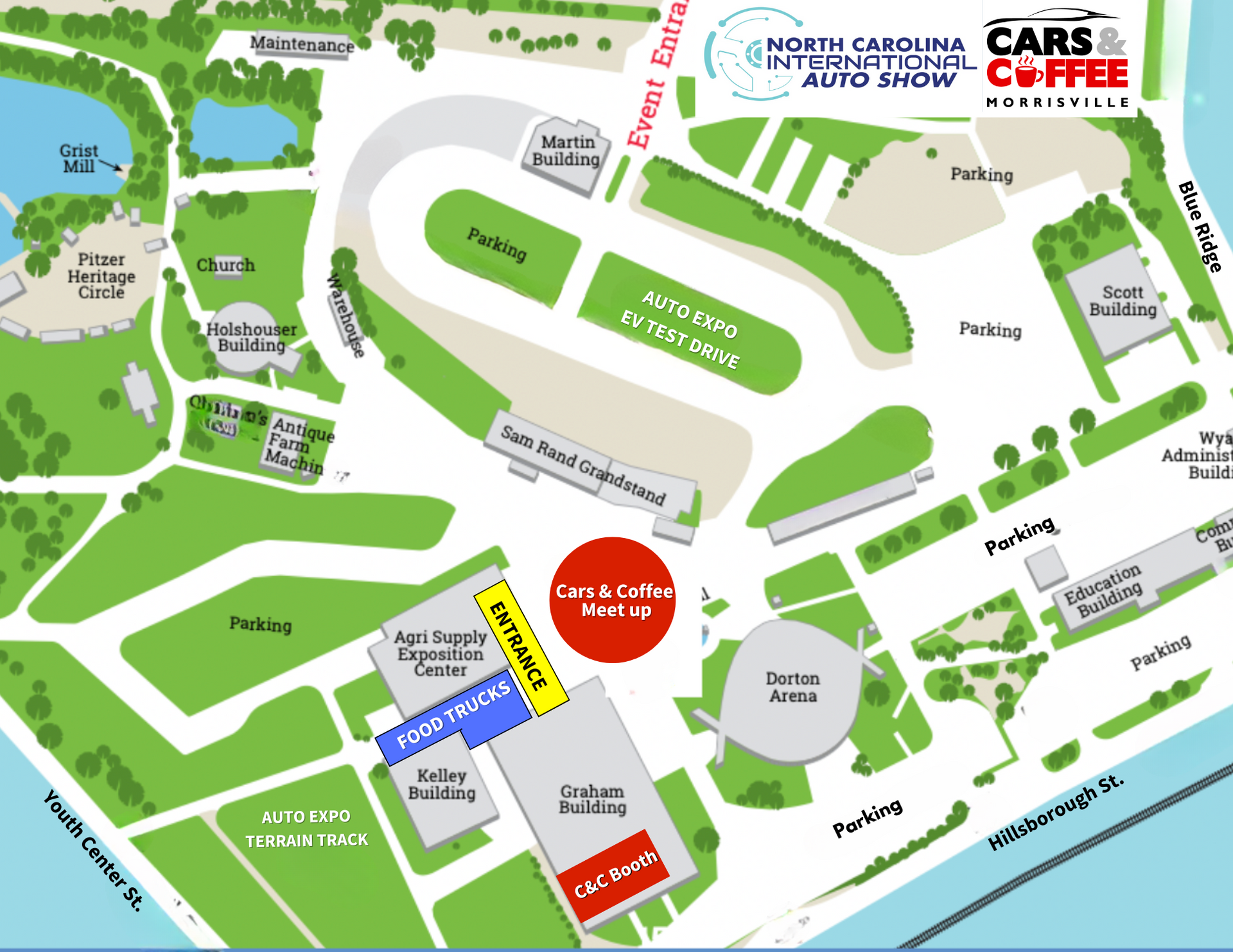 A map showing the location of the cars and coffee event