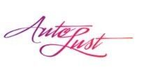 A close up of a handwritten logo for auto lust on a white background.