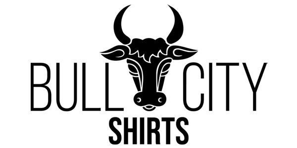 The logo for bull city shirts shows a bull with horns.