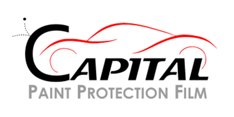 A logo for capital paint protection film with a car on it