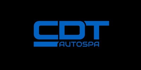 The logo for cdt autospa is blue on a black background.