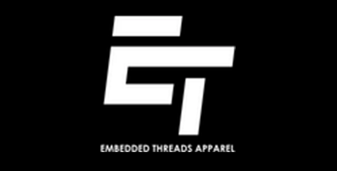 Embedded threads apparel logo on a black background