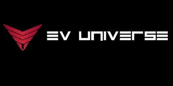 The ev universe logo is red and white on a black background.