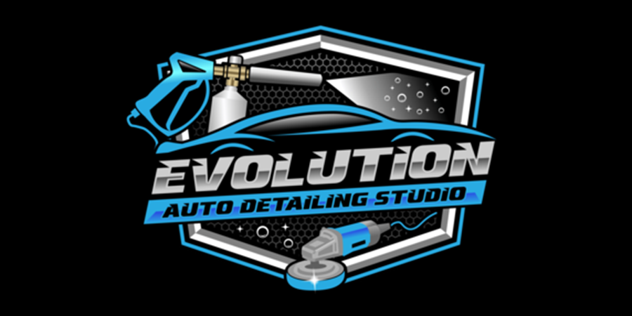 A logo for evolution auto detailing studio on a black background