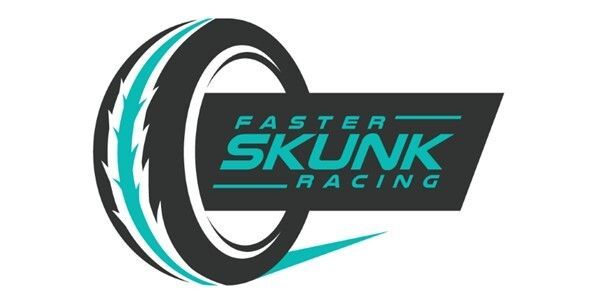 The logo for faster skunk racing is a tire with a lightning bolt on it.