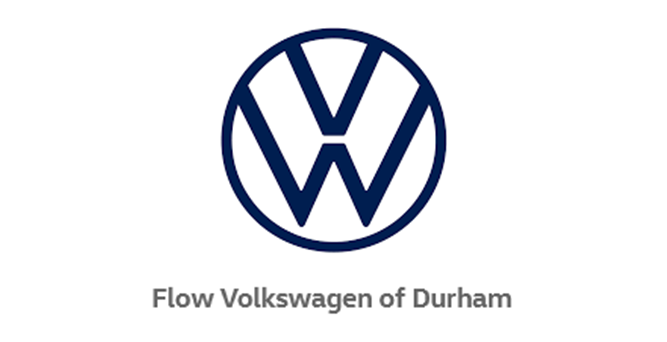 A blue and white logo for flow volkswagen of durham