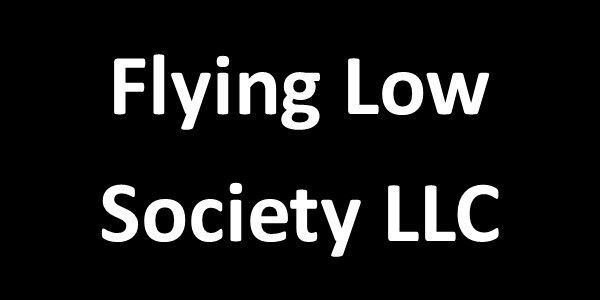The logo for flying low society llc is white on a black background.