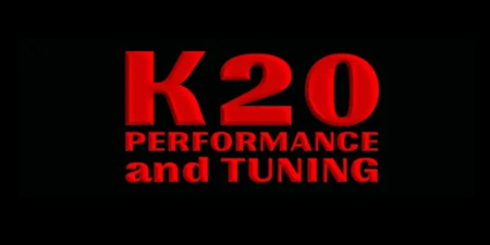 The k20 performance and tuning logo is red on a black background