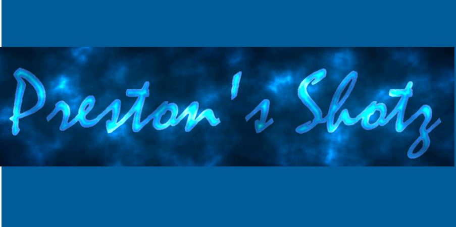 A blue sign that says preston 's shots on it