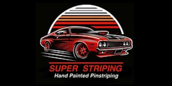 The logo for super striping hand painted pinstriping shows a red car on a black background.