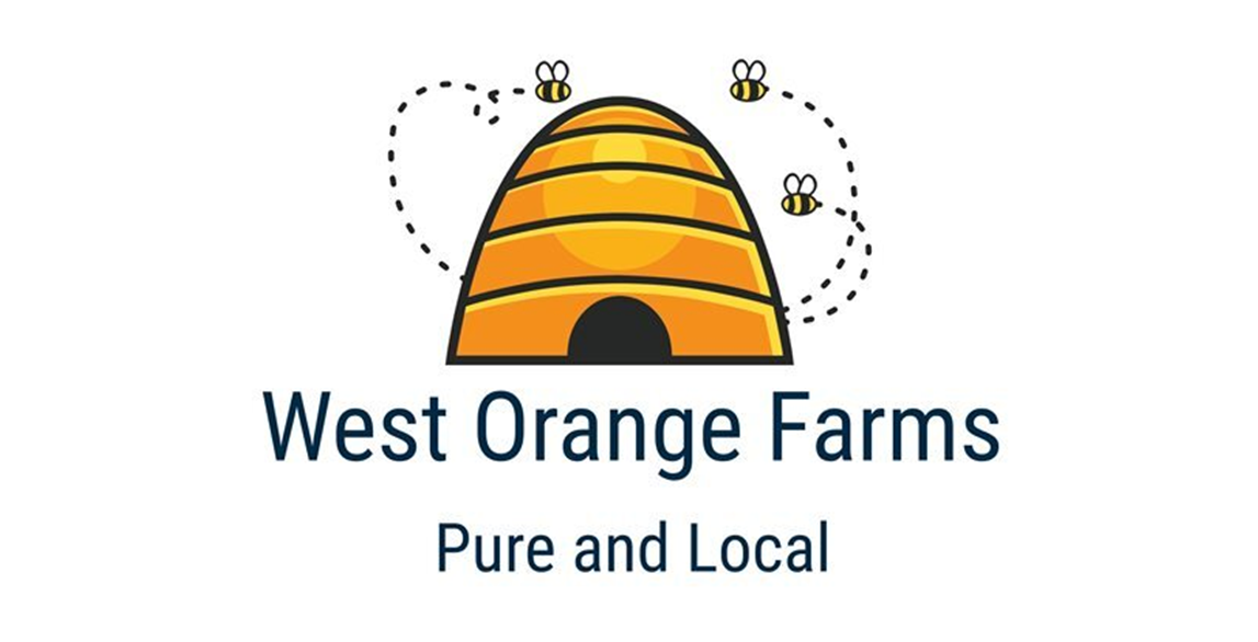 The logo for west orange farms shows a beehive with bees flying around it.