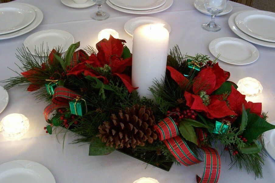 Christmas themed centerpiece — Fort Wayne, IN — Goeglein's Catering