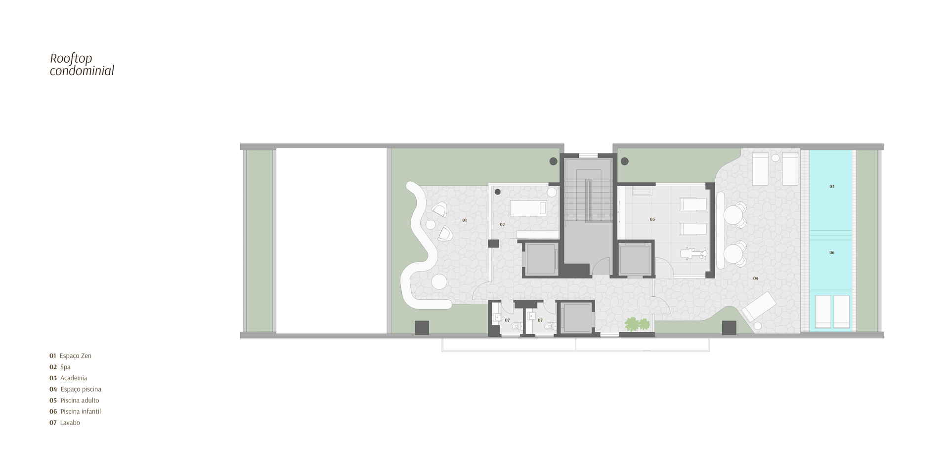 Planta arquitetônica de uma casa moderna e retangular com piscina e espaço externo.