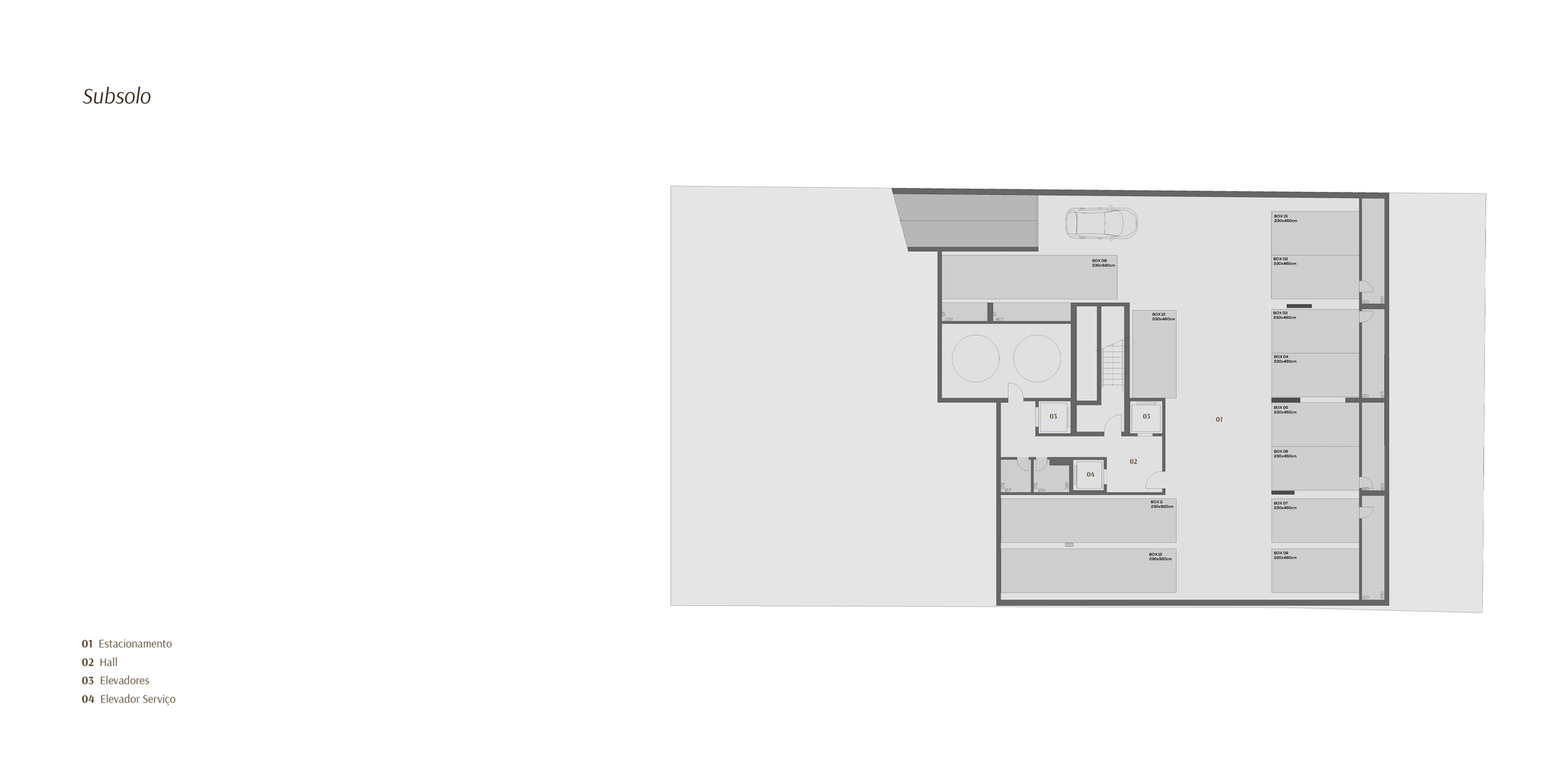 Planta baixa arquitetônica em tons de cinza, apresentando cômodos retangulares, corredores e uma seção da cobertura.