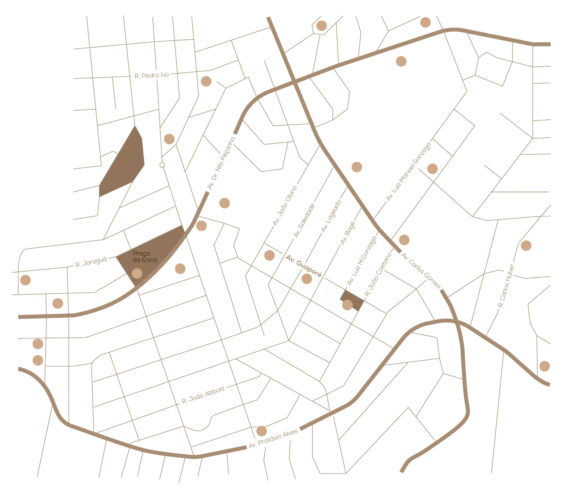 Mapa mostrando estradas e ruas pontilhadas, com áreas sombreadas em marrom e círculos.
