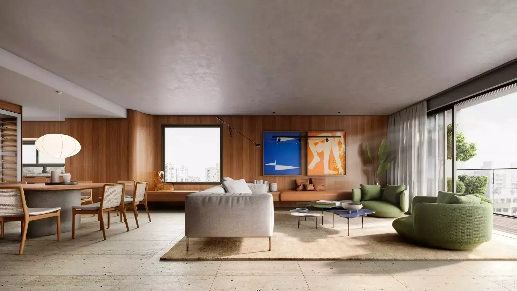 Uma sala de estar moderna com painéis de madeira, móveis bege e uma grande janela com vista para a cidade.