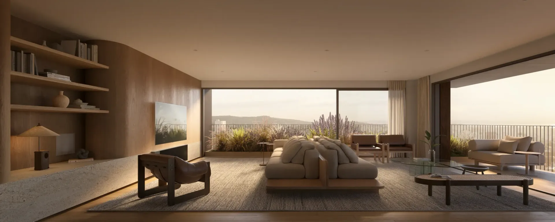 Sala de estar aconchegante com um grande sofá seccional bege, TV e vista para a varanda. Muita luz natural e tons neutros.