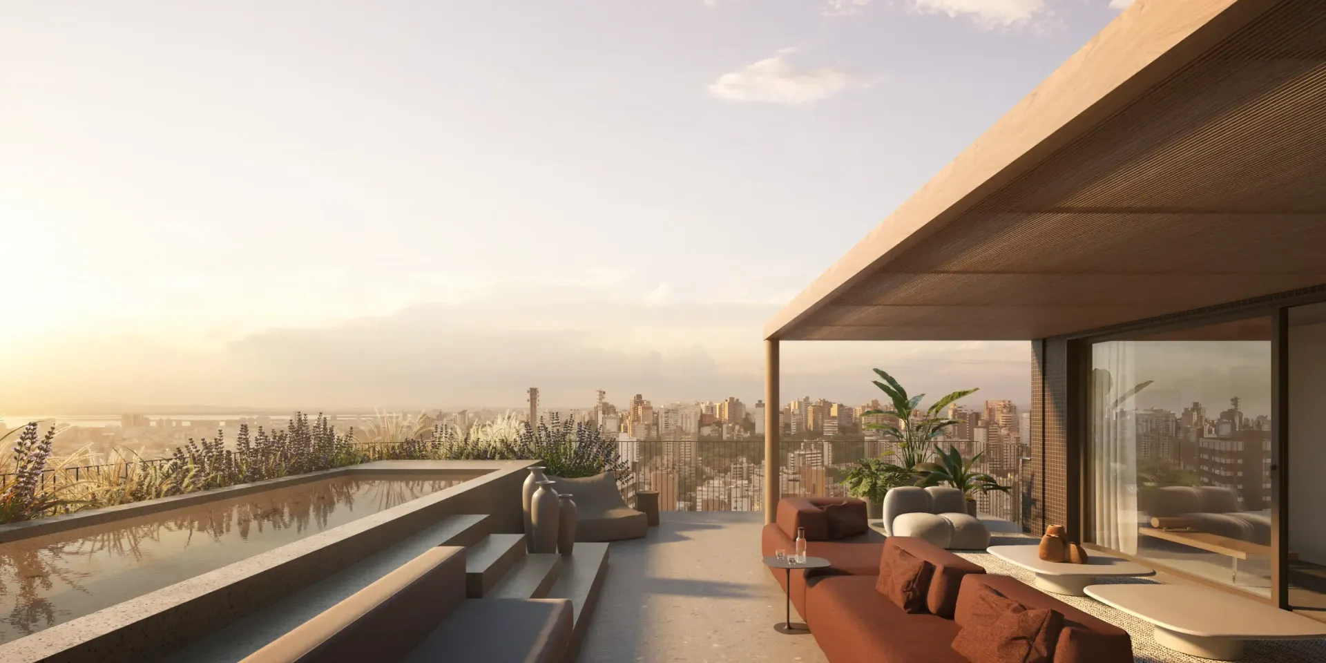 Pátio externo moderno com assentos, plantas e detalhes em madeira; paleta de cores neutras.