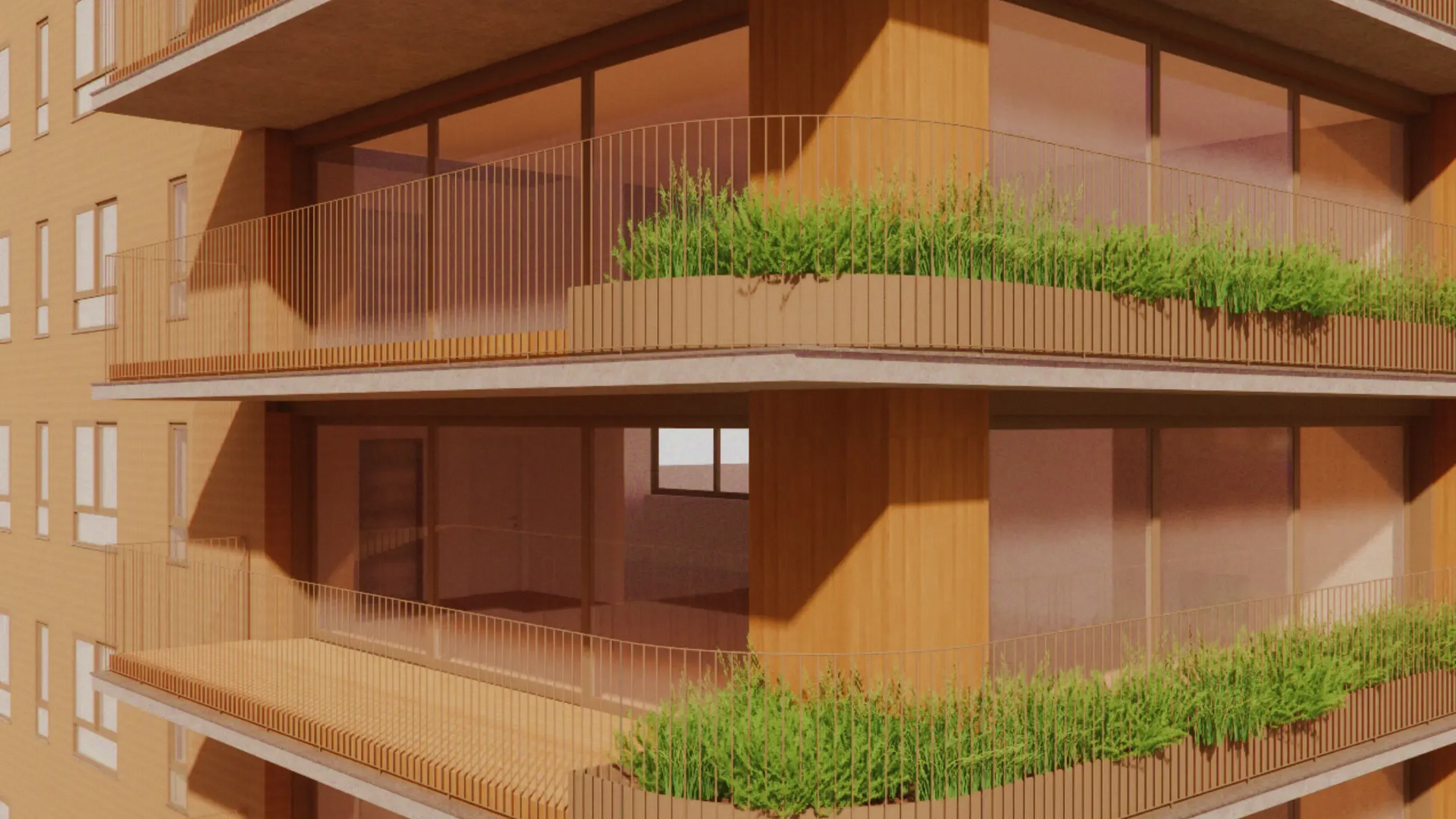 Prédio de apartamentos moderno com varandas de madeira, algumas com plantas verdes.