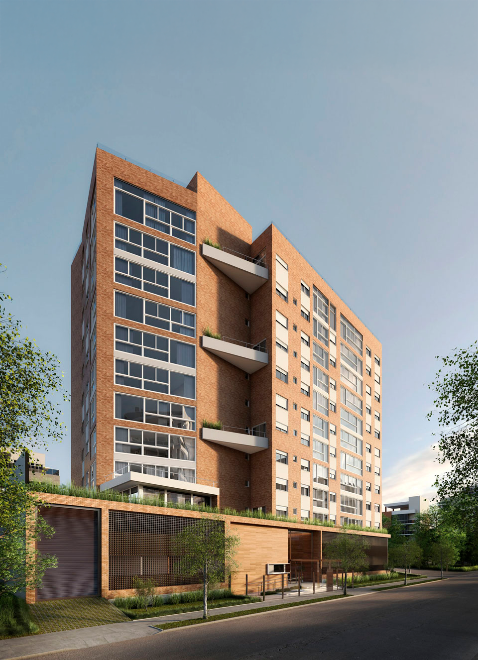 Prédio de apartamentos de tijolos com varandas, árvores e céu azul.