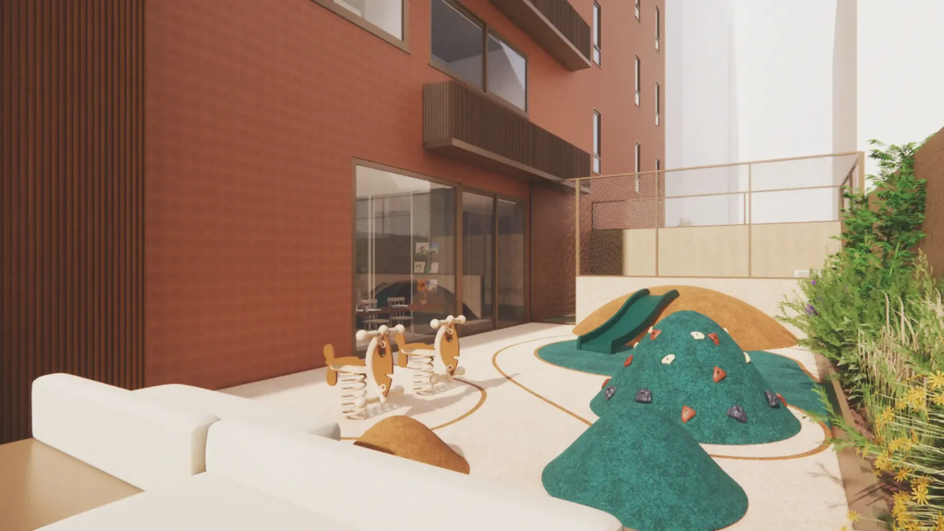 Parque infantil com colinas verde-azuladas, um prédio marrom e assentos de cor clara.