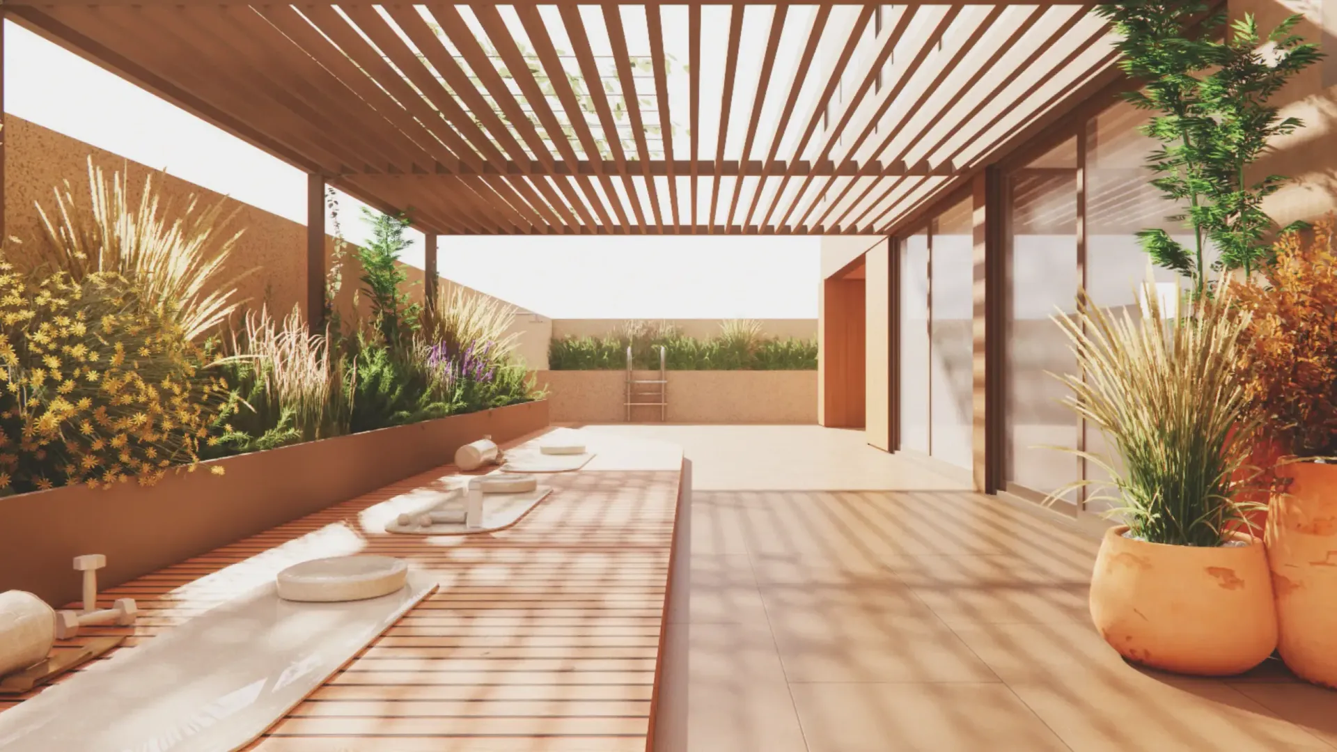 Terraço na cobertura com pérgola de madeira, plantas e tapetes de ioga; banhado de sol.