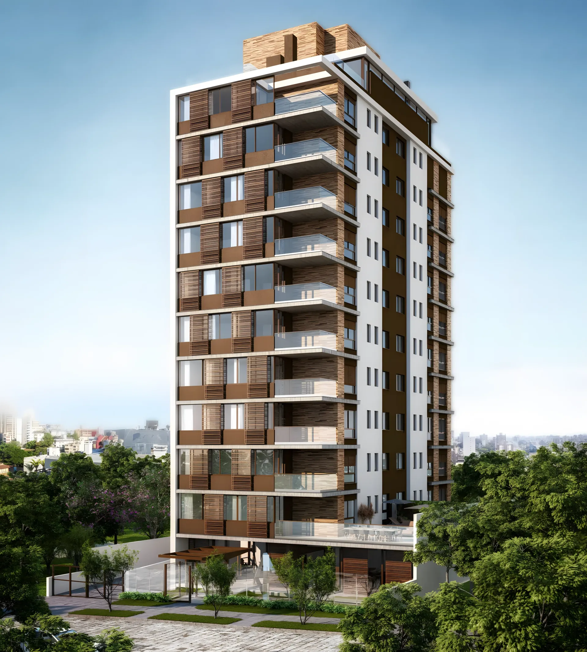 Prédio alto com fachada marrom e branca, varandas e painéis decorativos de madeira. Contra um céu azul.