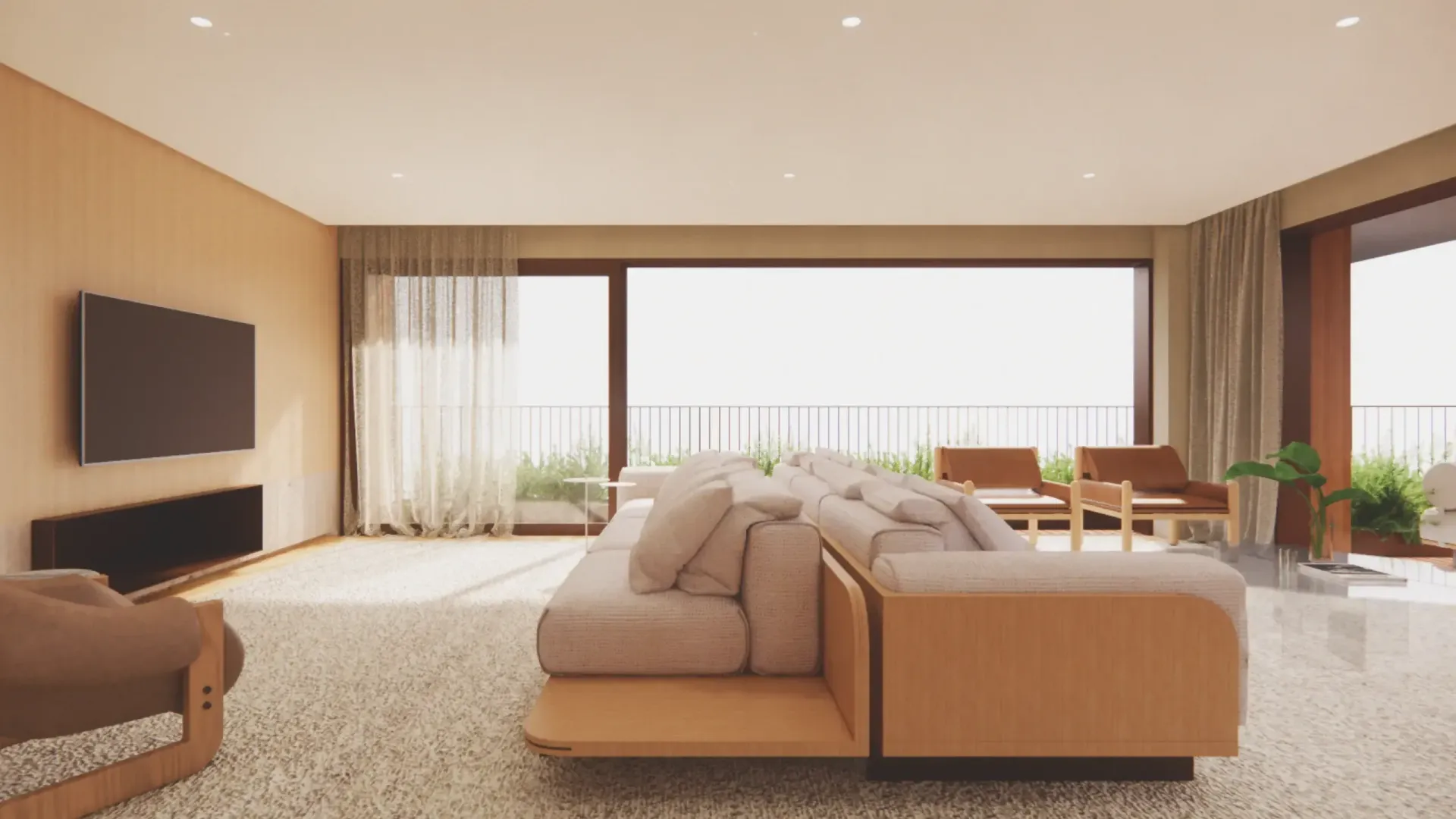 Sala de estar aconchegante com um grande sofá seccional bege, TV e vista para a varanda. Muita luz natural e tons neutros.