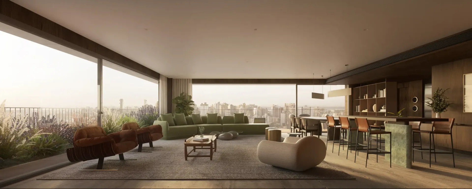 Sala de estar com sofá modular verde-oliva, cadeiras marrons e grandes janelas com vista para o exterior.