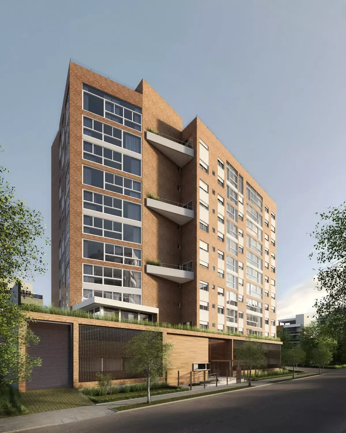 Prédio de apartamentos moderno, construído em tijolos, com varandas e telhado verde, em um dia ensolarado.