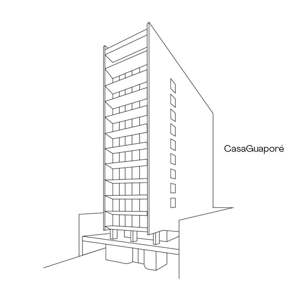 Esboço em perspectiva de um edifício alto com estrutura aberta de um lado e janelas do outro.