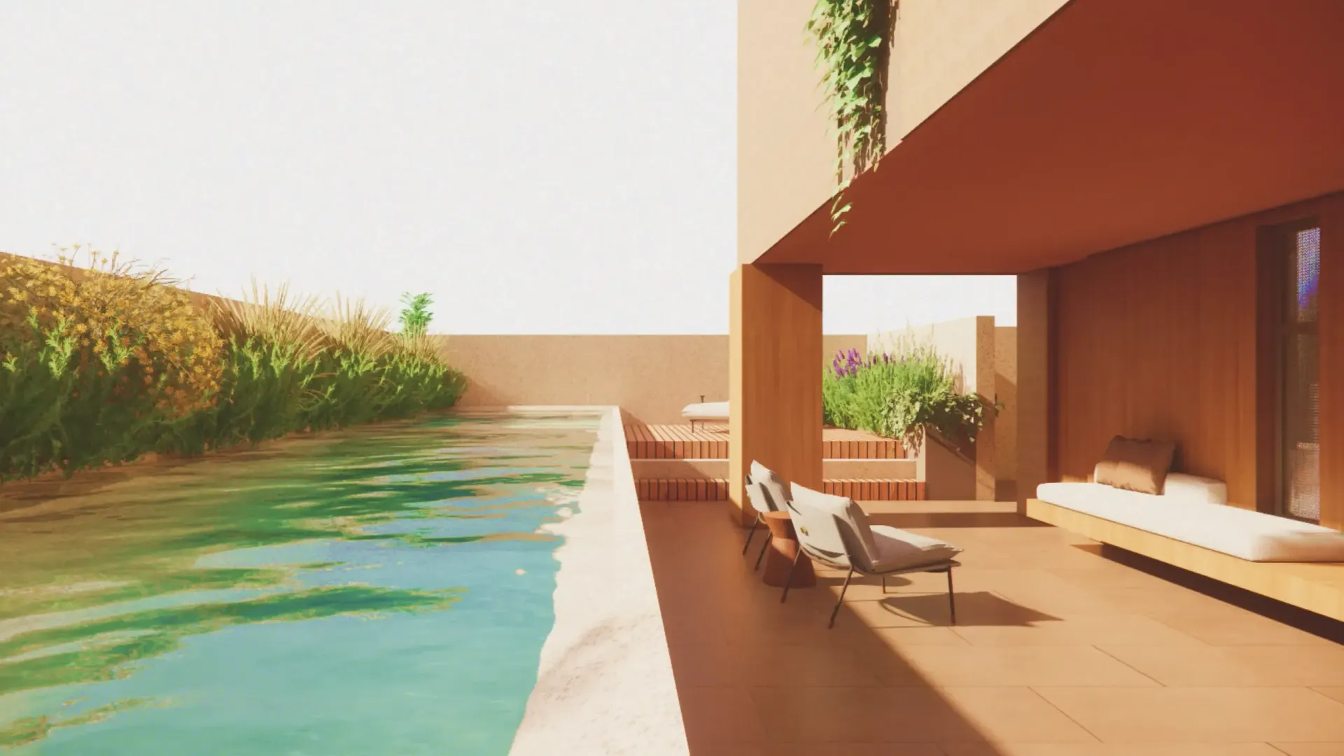 Pátio junto à piscina. Edifício bege com área de estar externa, plantas e água turquesa.