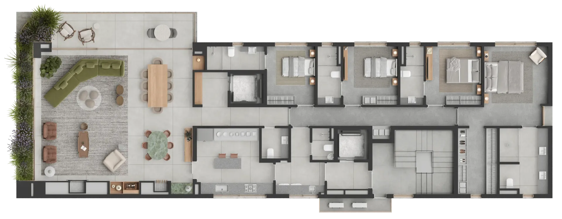 Planta baixa de uma casa comprida e estreita com área de pátio externo e vários cômodos.