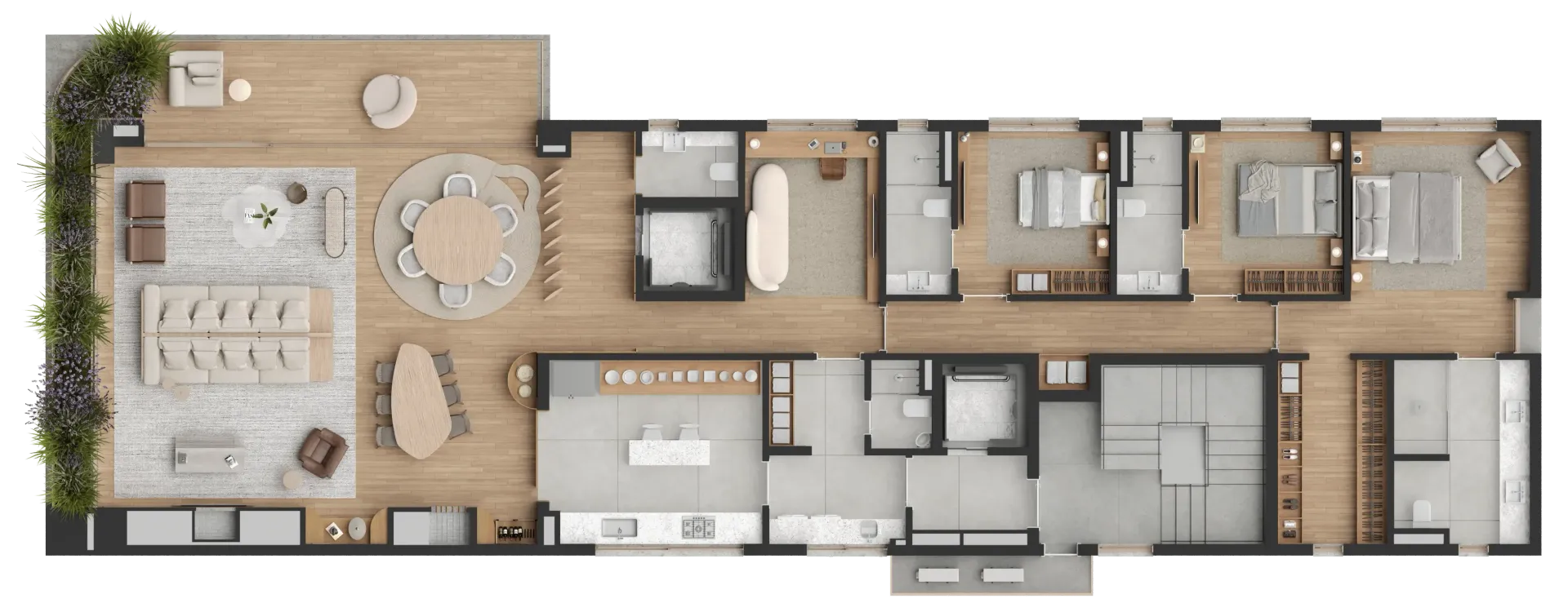 Planta baixa de uma casa, incluindo um pátio externo, salas de estar, quartos, banheiros e cozinha.