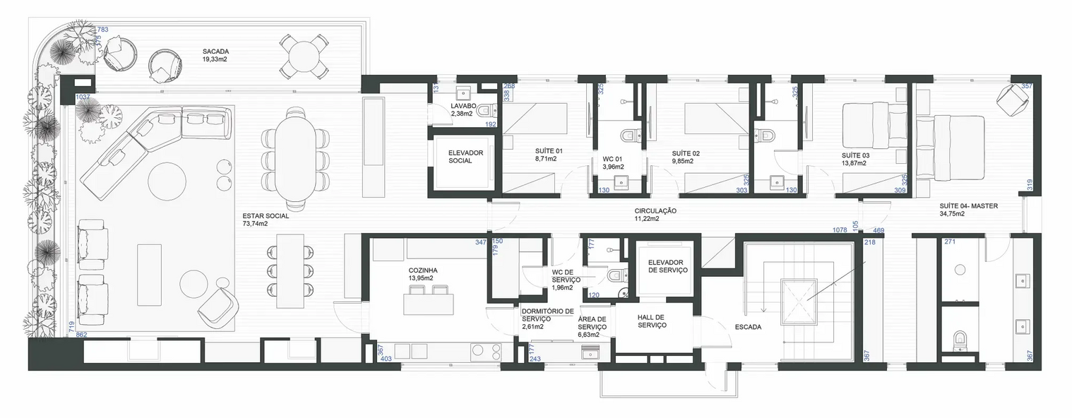 Planta baixa de uma casa comprida e estreita com área de pátio externo e vários cômodos.