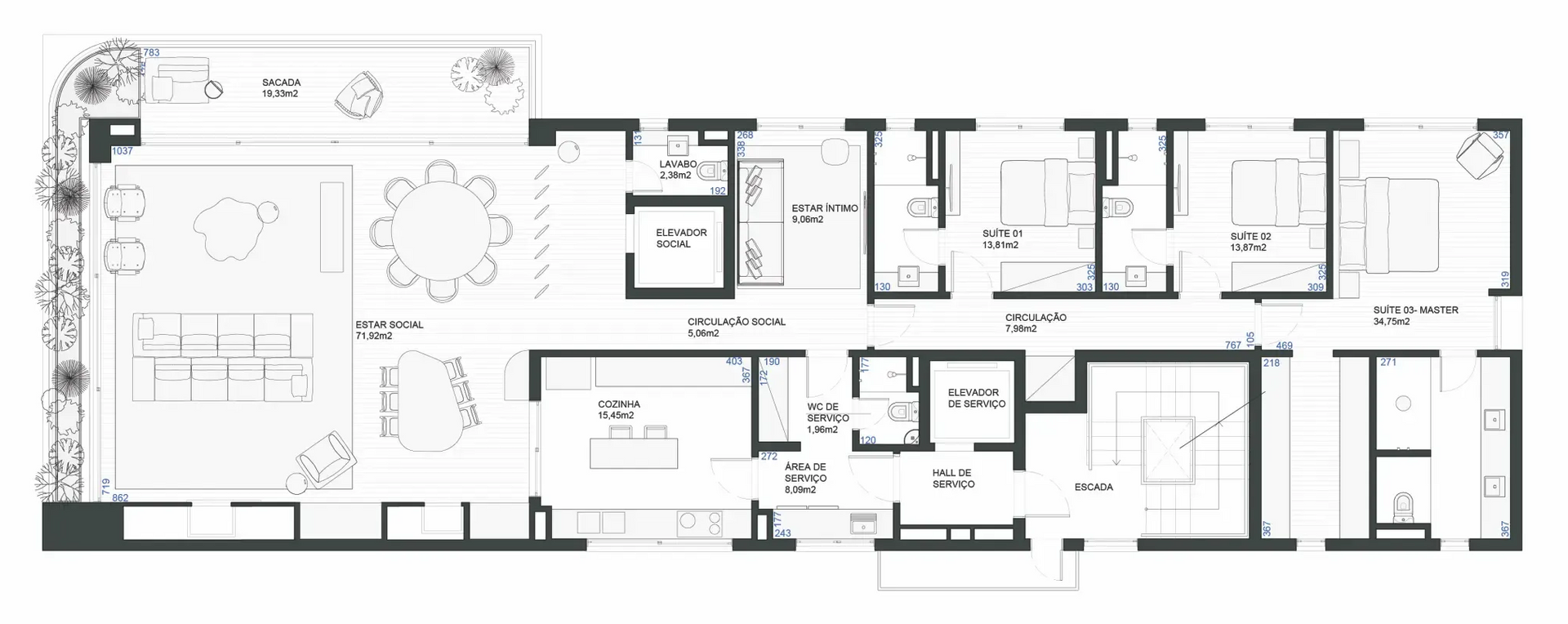Planta baixa de uma casa, incluindo um pátio externo, salas de estar, quartos, banheiros e cozinha.