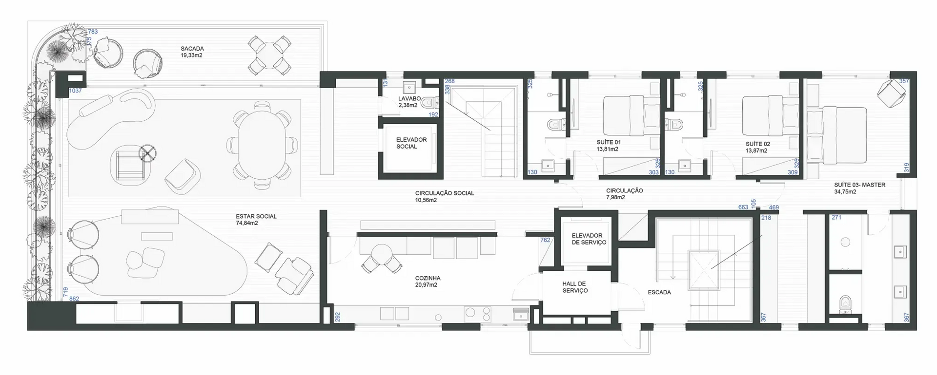 Planta arquitetônica de uma casa moderna, mostrando os cômodos, o pátio externo e a disposição dos móveis.