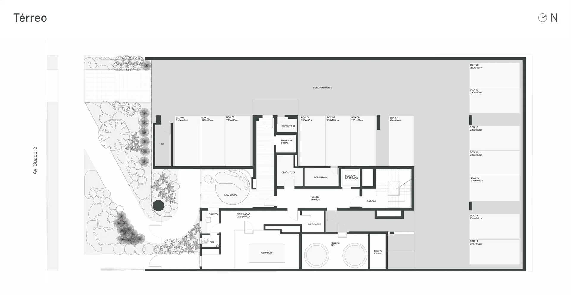 Planta baixa arquitetônica de um edifício com terraço e paisagismo. Mostra cômodos, corredores.