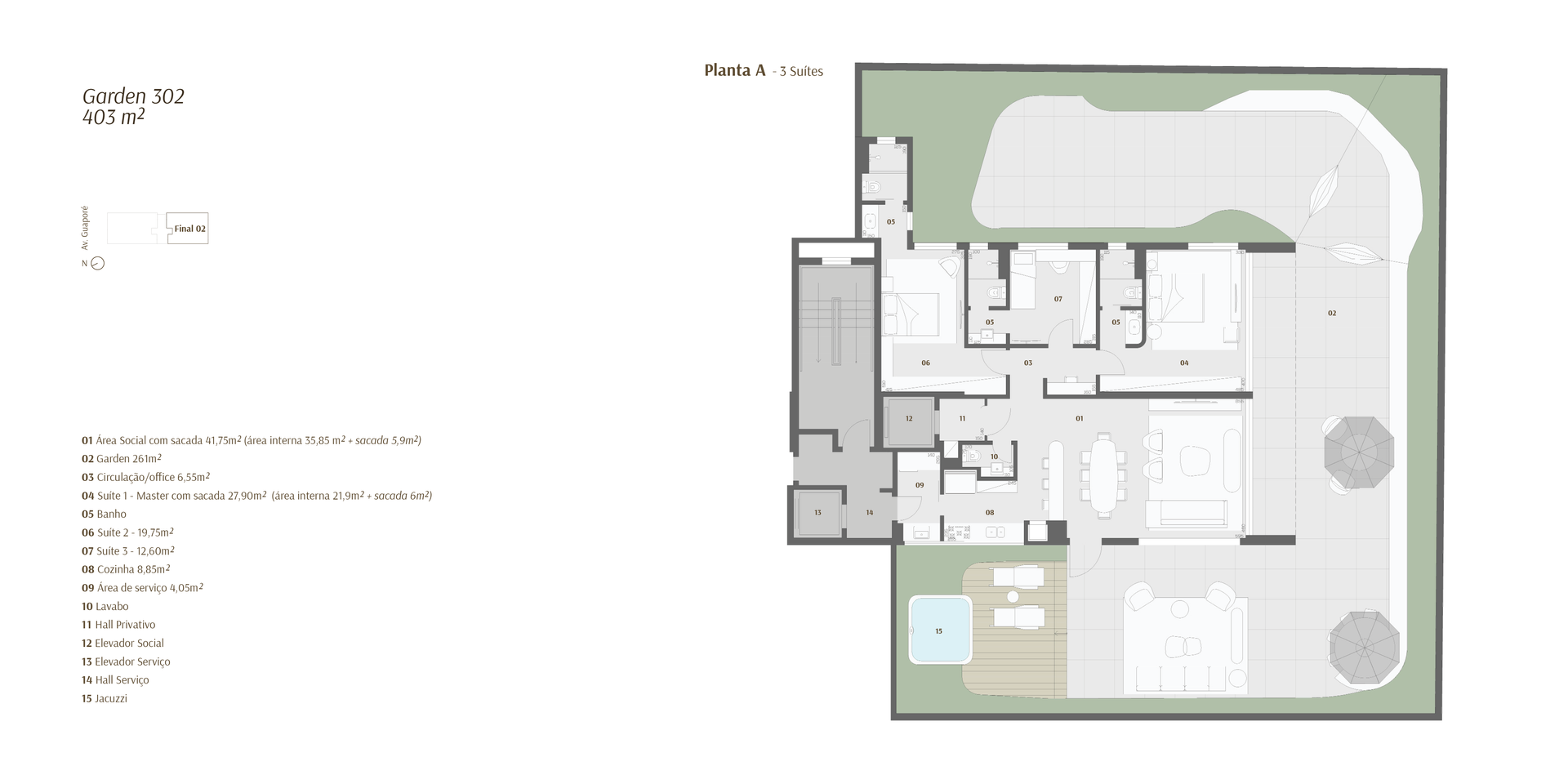 Planta arquitetônica de uma casa moderna com quartos, pátio, piscina e área verde ao redor.