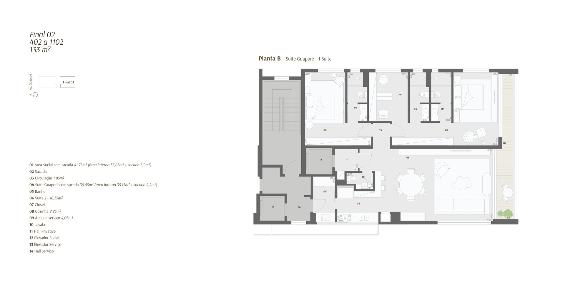 Planta baixa de um edifício residencial. Apresenta quartos, banheiros e uma varanda em uma paleta de cores neutras.