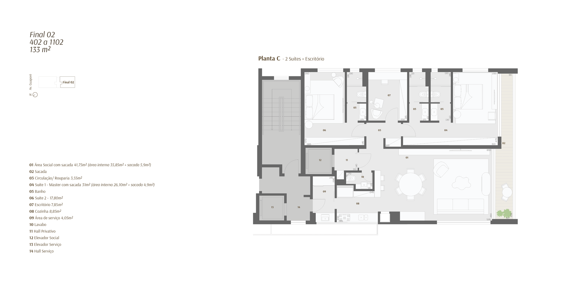 Planta baixa de um apartamento moderno, mostrando os cômodos e a distribuição dos elementos.