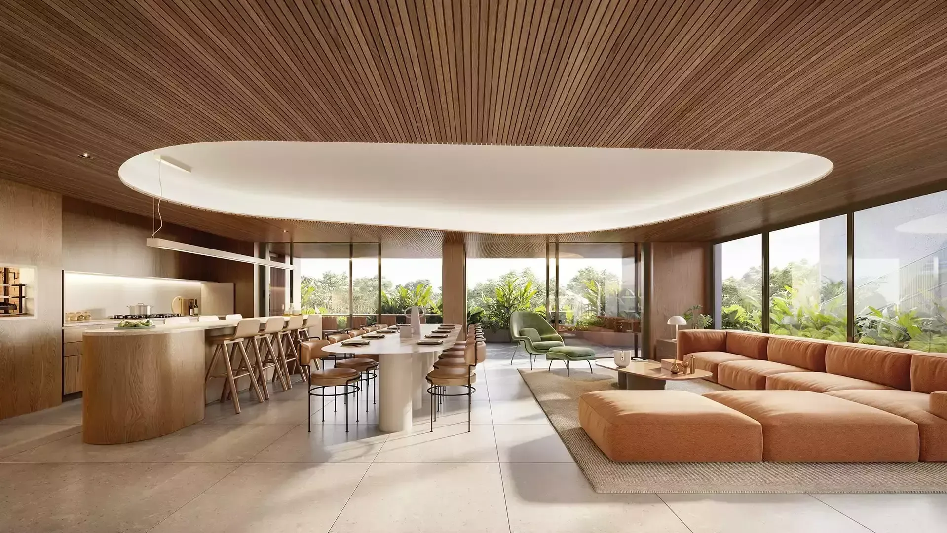 Espaço de convivência moderno com cozinha, sala de jantar e área de estar. Tons de bege e madeira. 