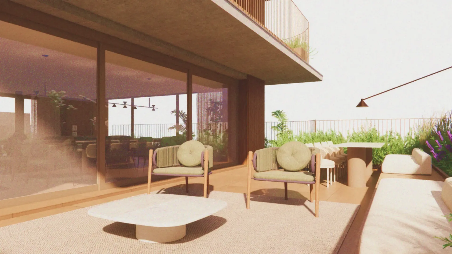 Pátio externo com assentos, mesa de pedra, vegetação e construção com portas de vidro deslizantes.